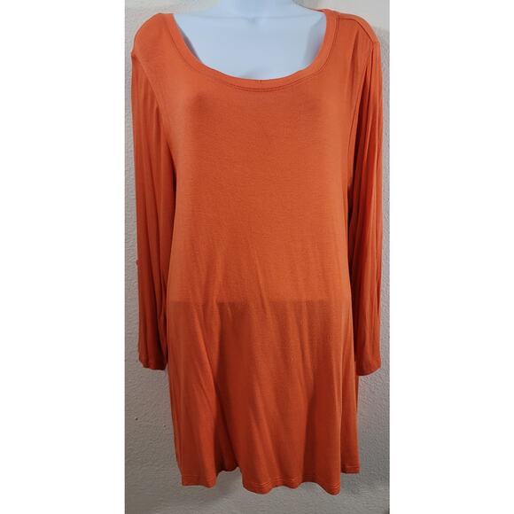 Cupio Woman Orange Round Neck Top 2X Flowy Lightweight Stretchy Roll Tab Sleeves - Picture 1 of 5